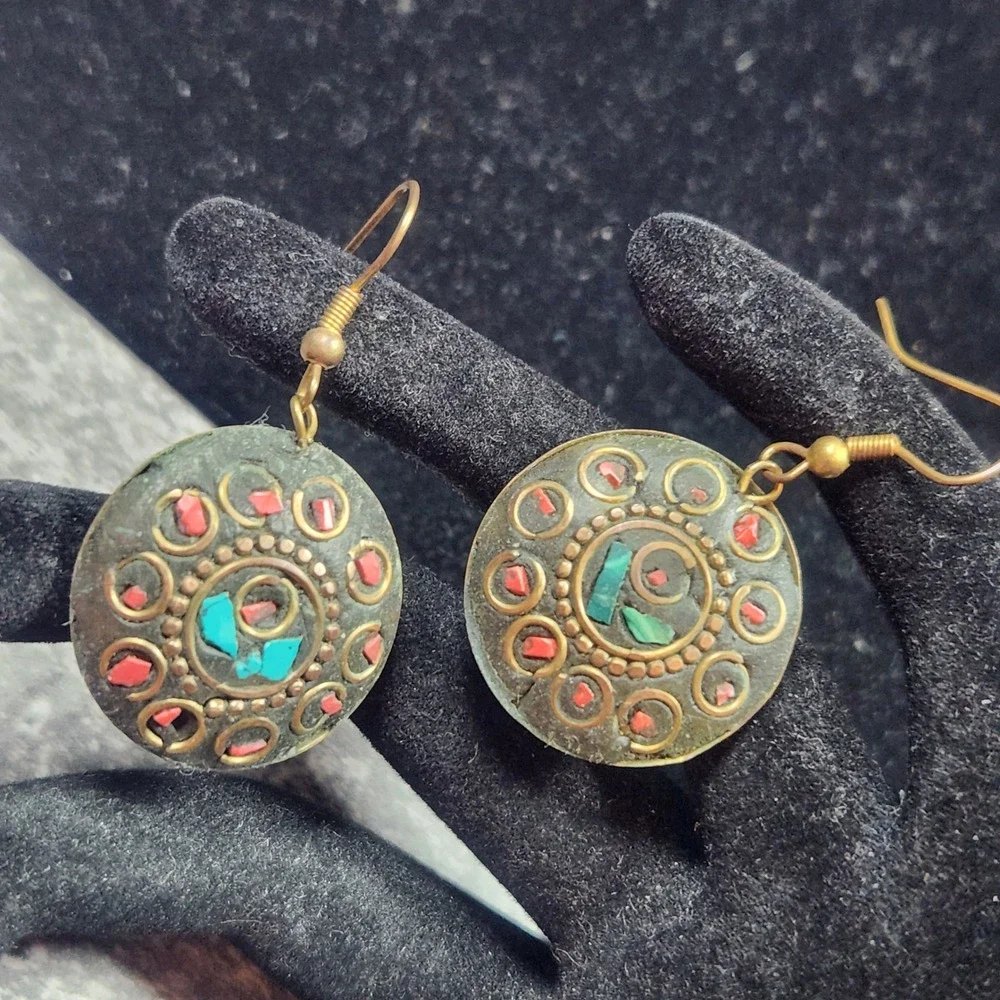 Tibetan Mosaic Inlay Drop Earrings Turquoise Coral Brass Boho Round Dangle